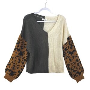 Blu Pepper Womens Colorblock Leopard Print Balloon Sleeve V-Neck Sweater L